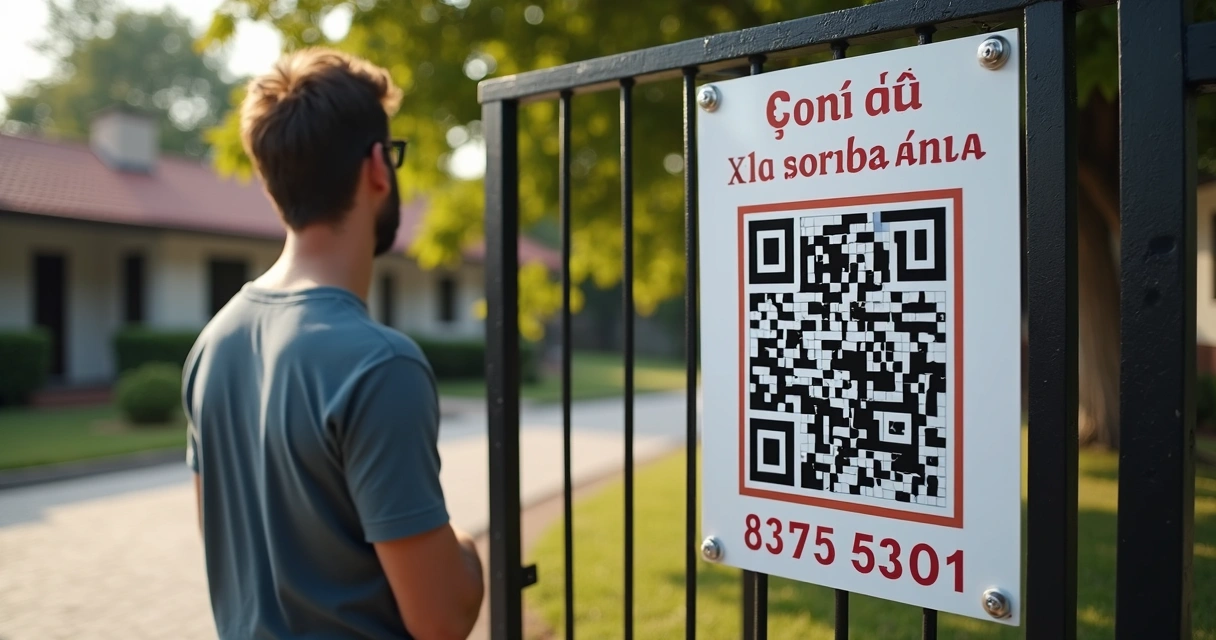Pessoa próxima a uma placa de imóvel com QR code destacado
