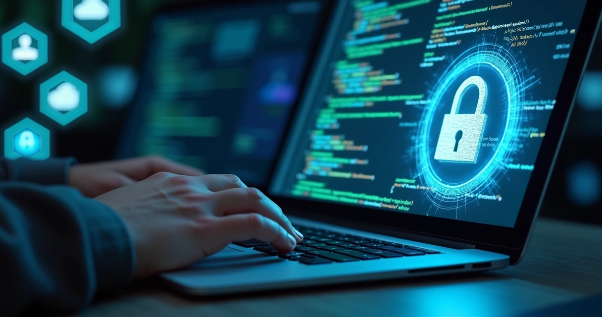 Código de aplicativo sendo analisado ao lado de cadeado digital 