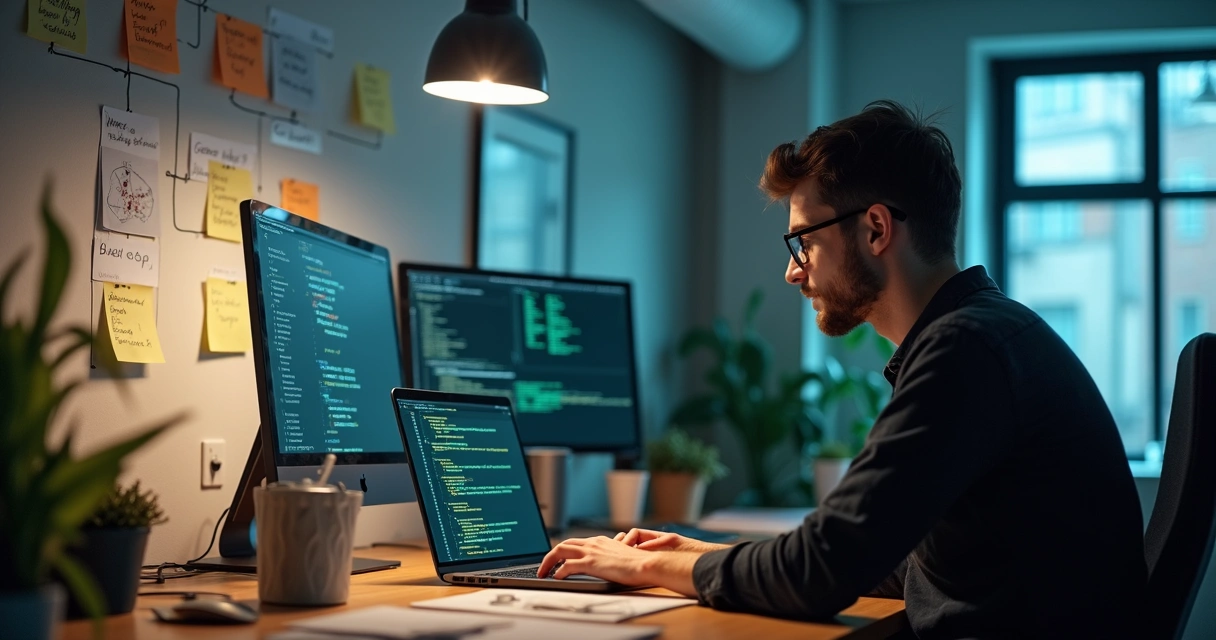 Desenvolvedor revisando código seguro em escritório de startup de tecnologia 