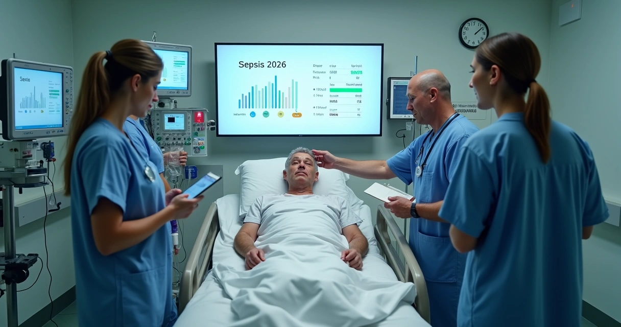 Equipe multiprofissional reunida em código sepse ao lado do leito no hospital 