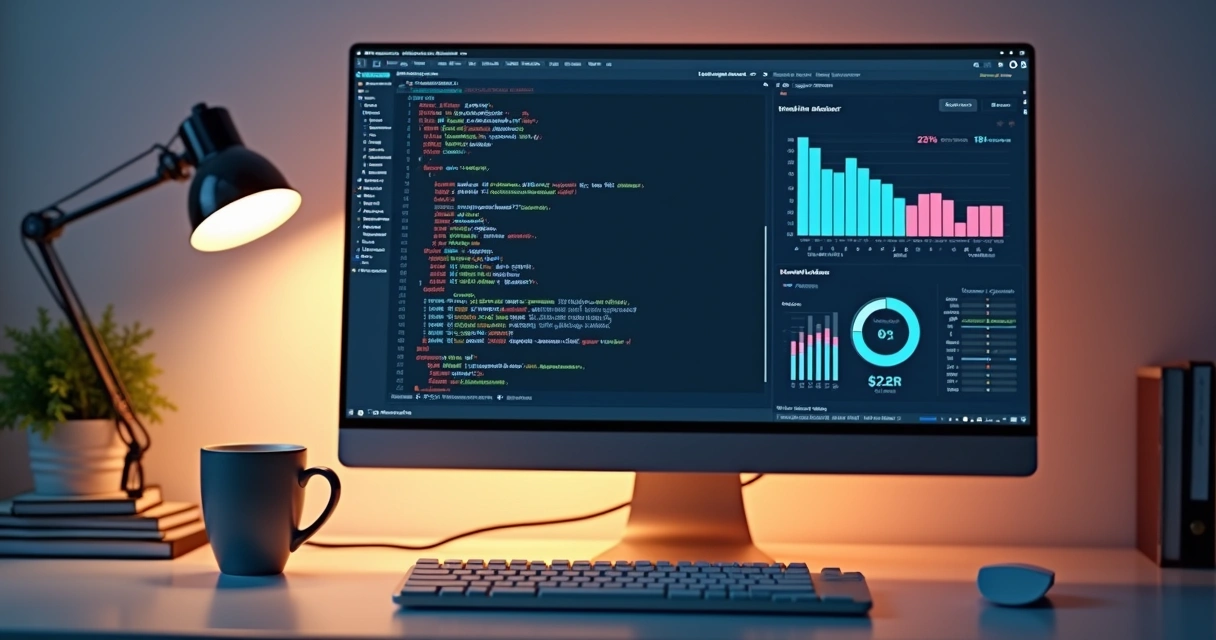 Tela de computador exibindo código otimizado e gráficos de performance 