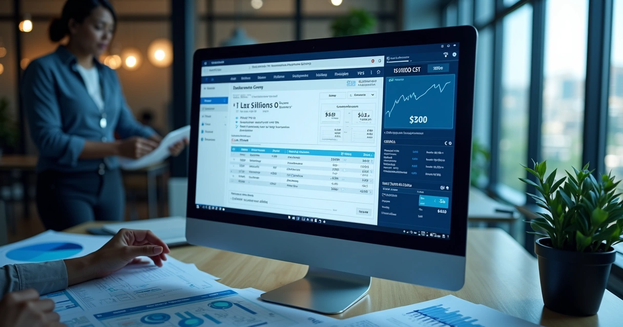 Tela de computador exibindo códigos de situação tributária CST em nota fiscal eletrônica com gráficos e dados fiscais ao fundo 