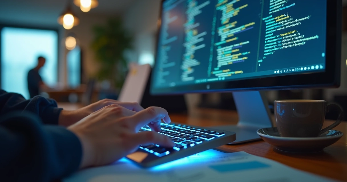 Close-up of developer hands typing code on keyboard with code visible on monitor