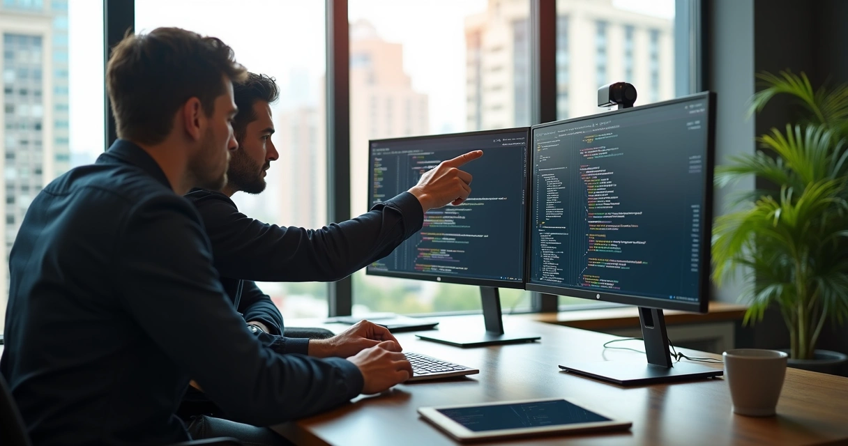 Developers discussing code on monitors in a meeting 