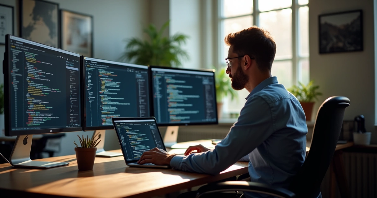 Web developer coding responsive layouts on multiple monitors