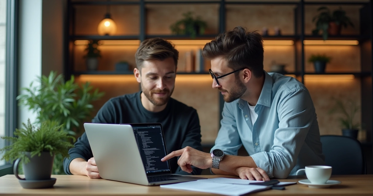 Two developers discussing code quality at a modern office desk 