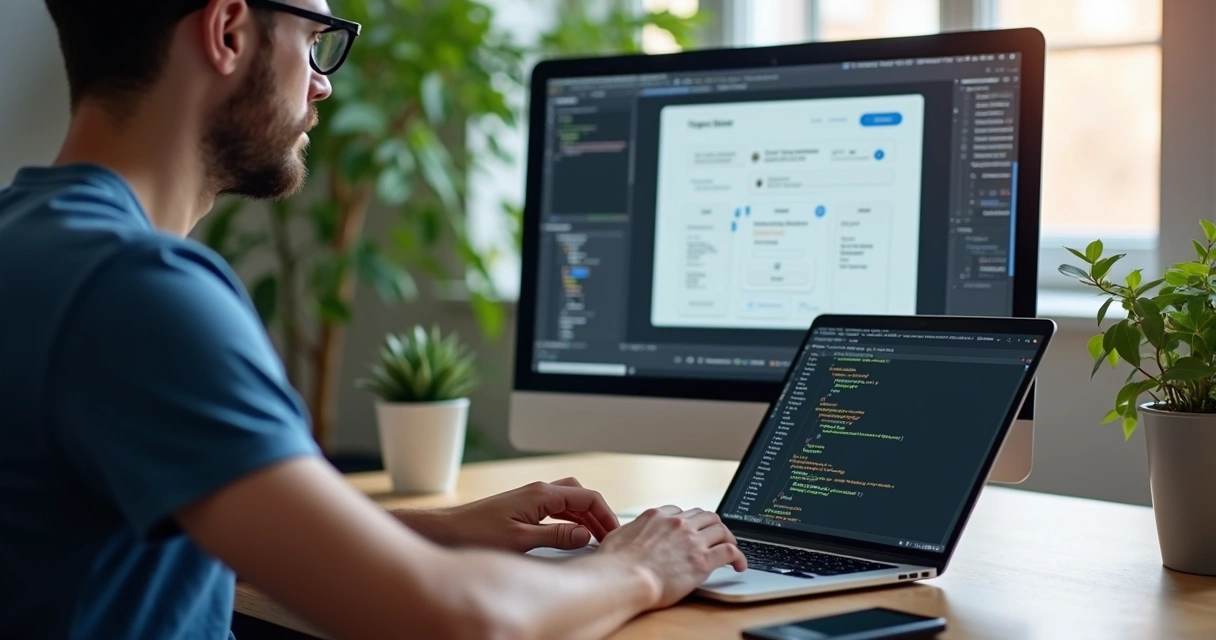 Developer at desk with open laptop displaying app interface 