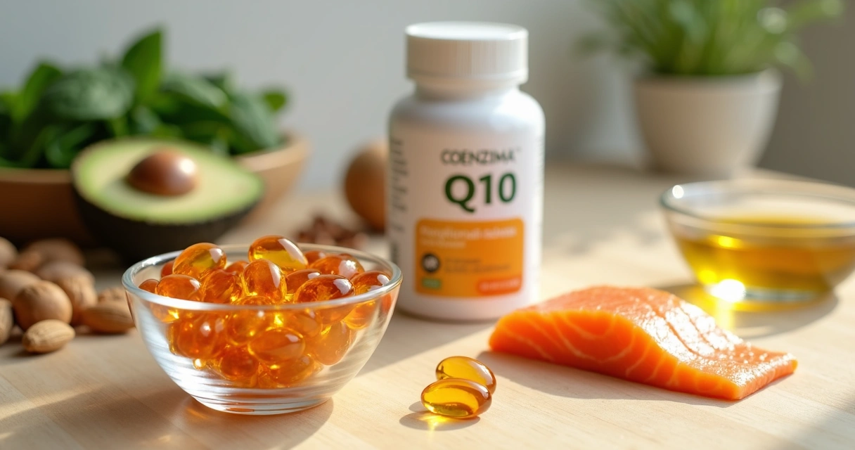 Cápsulas de coenzima Q10 ao lado de alimentos ricos em gorduras saudáveis sobre bancada de madeira 