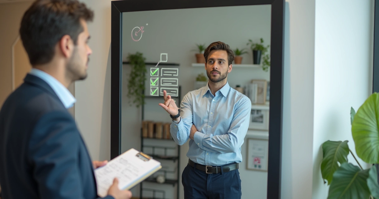 Pessoa refletindo diante de espelho com reflexo agindo de forma coerente 