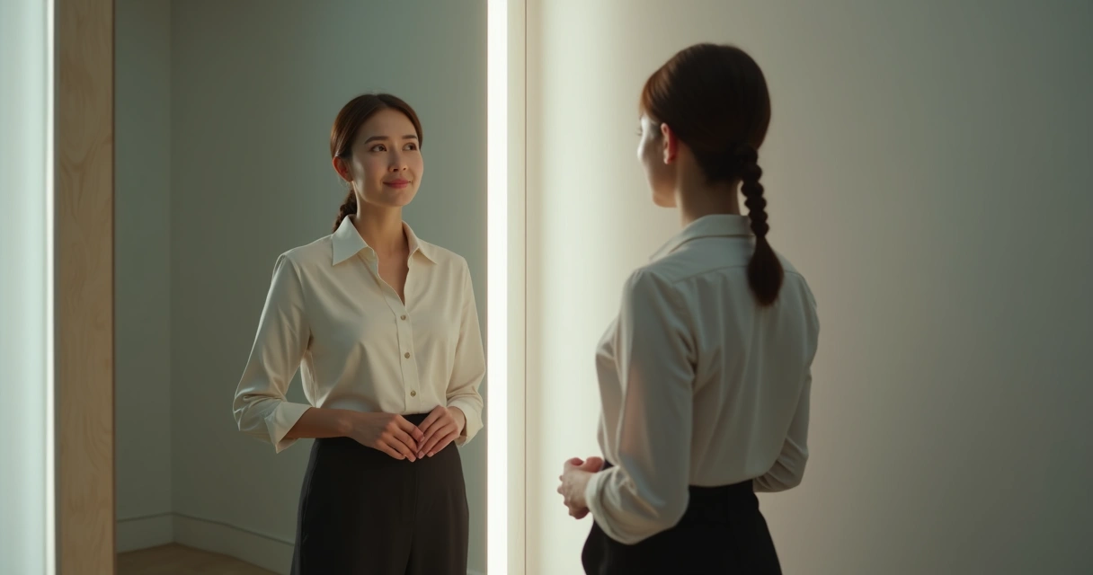 Pessoa diante de um espelho, vendo seu próprio reflexo em posição semelhante 