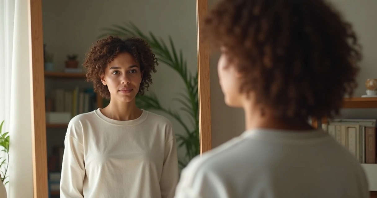 Pessoa olhando para o espelho, refletindo o próprio rosto na superfície. 