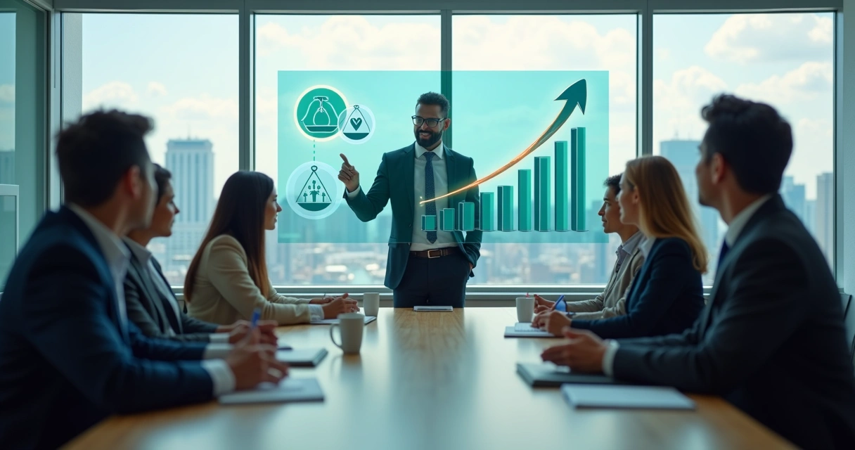 Líder apresentando conceitos éticos a equipe em sala de reunião moderna 