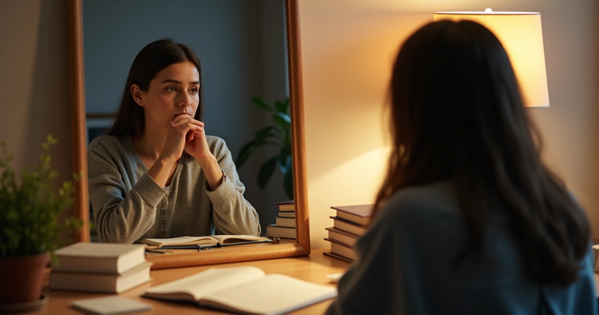 Pessoa olhando no espelho e refletindo consigo mesma sobre escolhas éticas