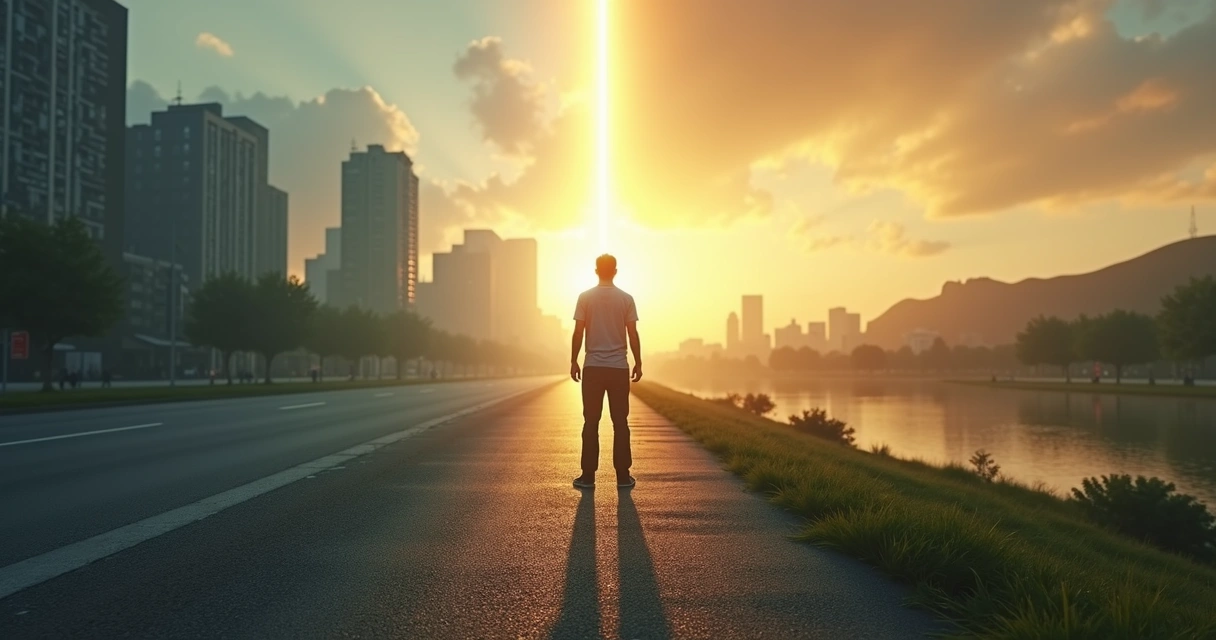 Pessoa em pé entre cidade em crise e paisagem calma, unindo as duas com um fio de luz 