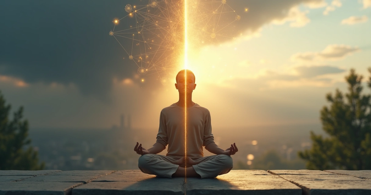 Pessoa em meditação com silhueta dividida entre caos e clareza representando coerência interna 