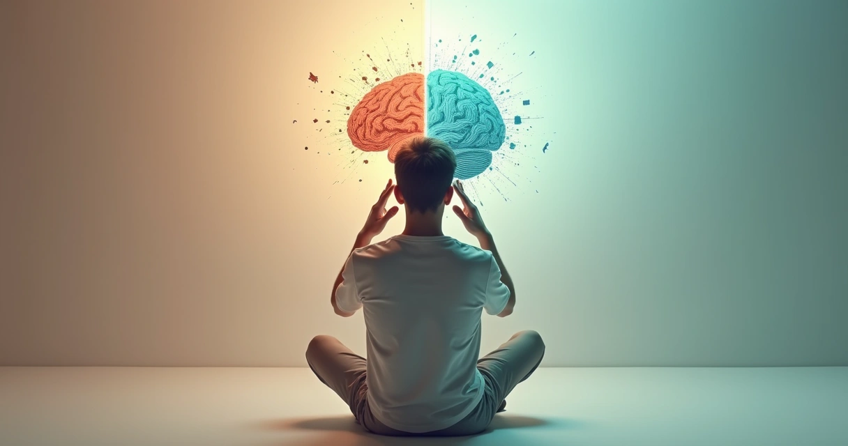 Pessoa em posição de reflexão com mente dividida entre caos e clareza 