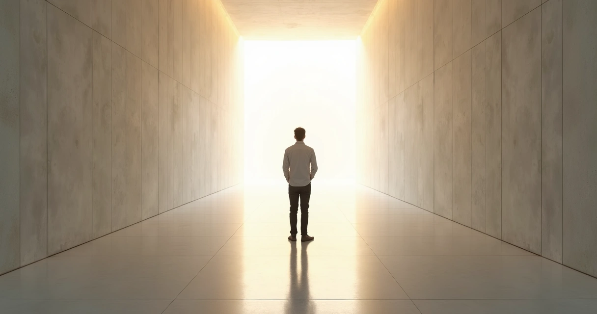 Pessoa em pé alinhando sombra com silhueta em um corredor luminoso 