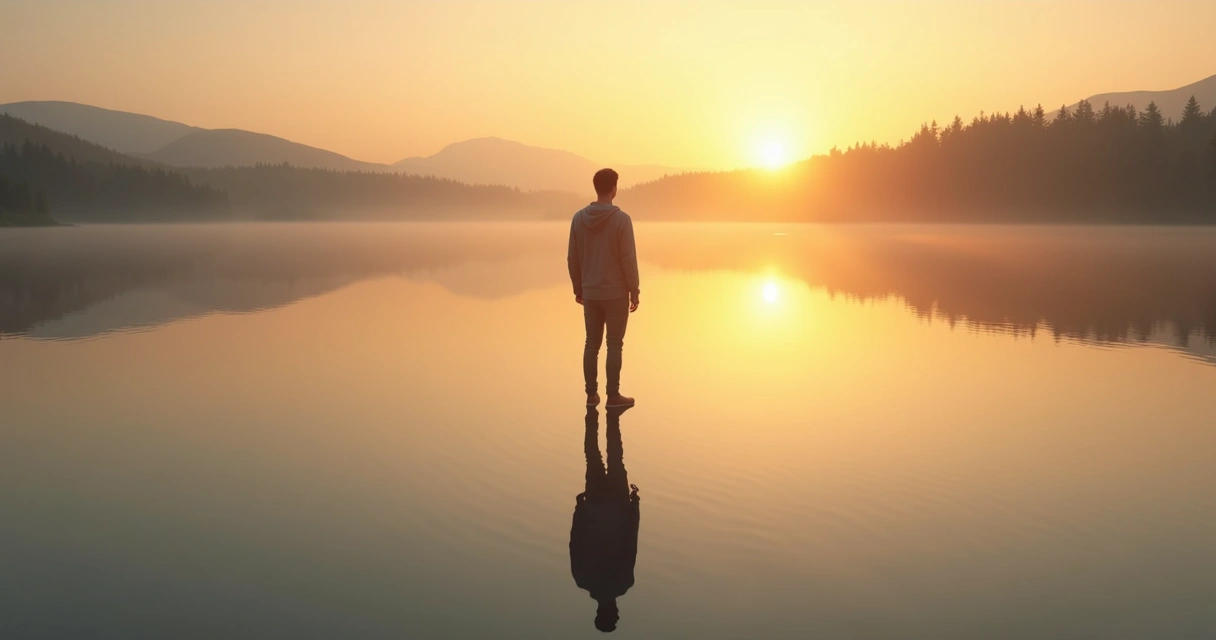 Pessoa olhando o próprio reflexo em água calma, simbolizando coerência interna 