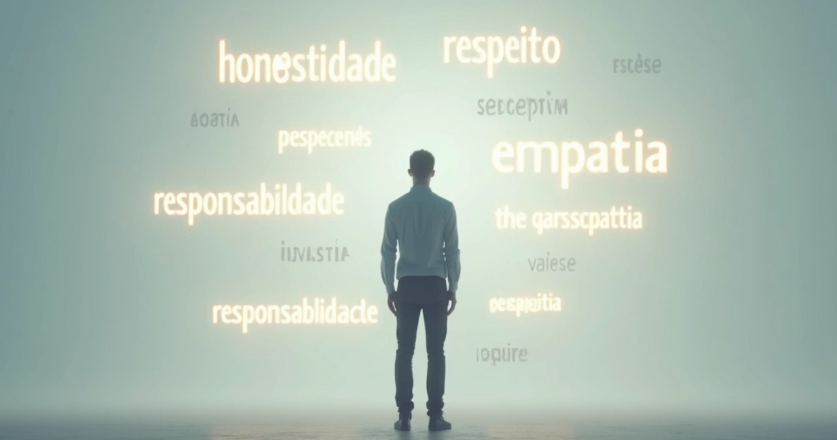 Pessoa cercada de palavras representando valores. 