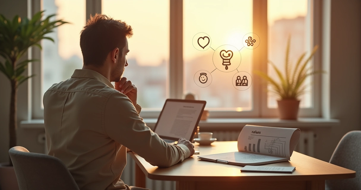 Pessoa refletindo diante de duas escolhas com ícones de valores ao redor 