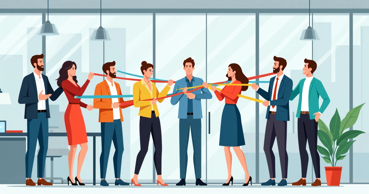 Vários setores conectados por fios coloridos segurados por pessoas diferentes, representando integração em ambiente de trabalho 