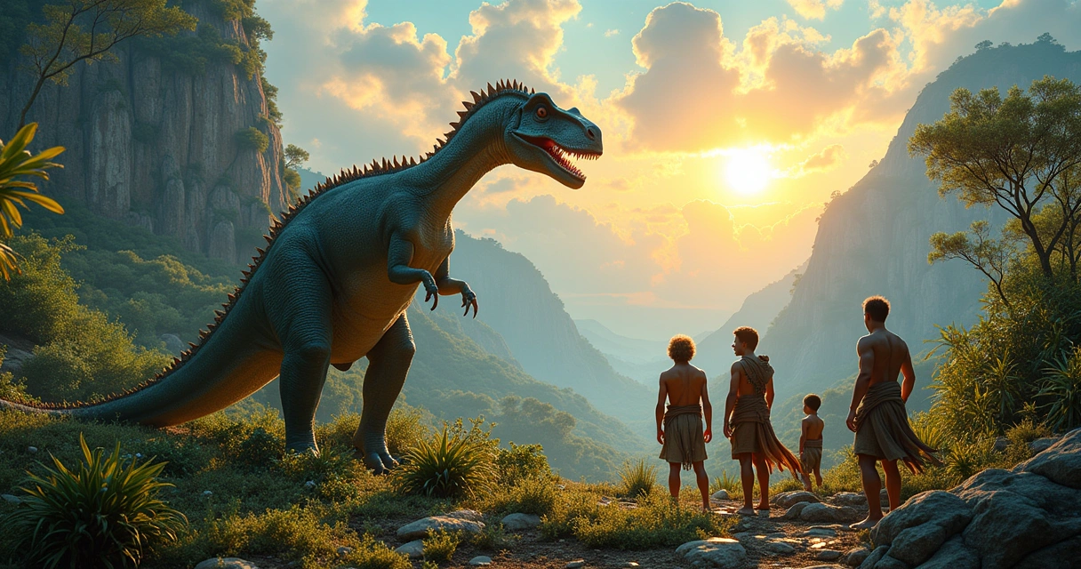 Cena de humanos observando um dinossauro herbívoro em uma paisagem pré-histórica vibrante.