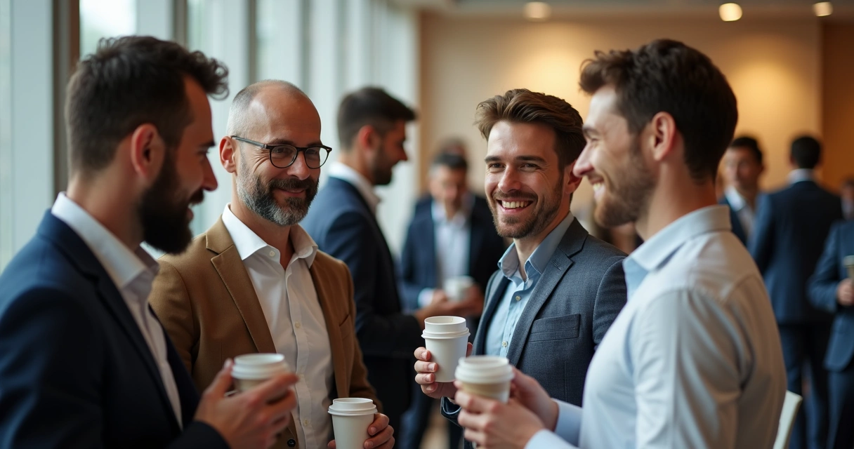 Empresários em pausa de coffee break, dois grupos pequenos em conversa atenta, mãos trocando cartões