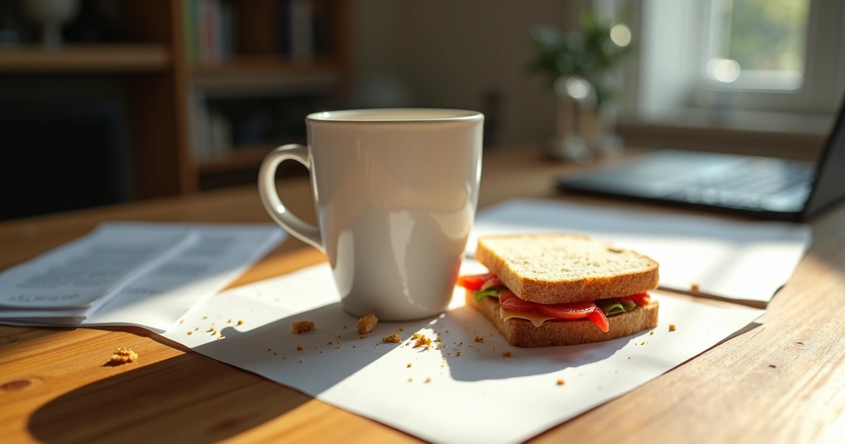 Coffee cup and half-eaten snack on work desk 