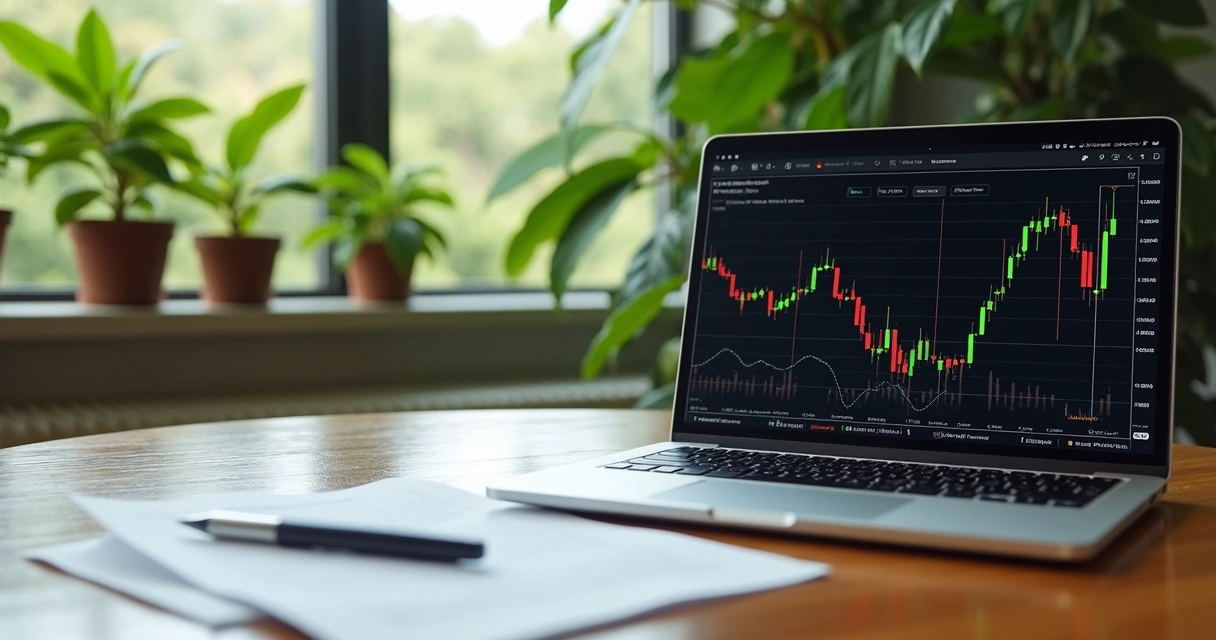 Laptop showing coffee futures chart and a paper contract on table 