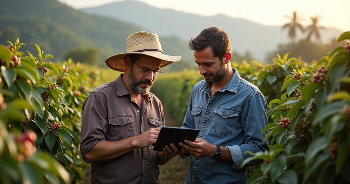 Coffee farmers using a digital tablet to monitor risk analytics in a coffee plantation 