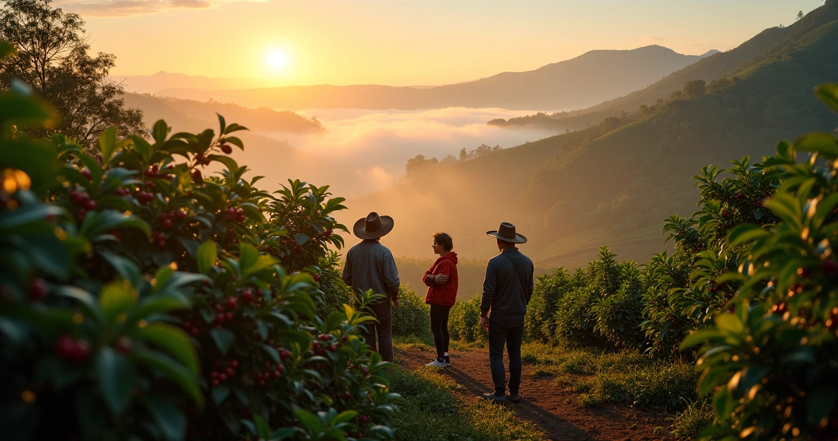 Coffee farmers inspecting healthy arabica trees in a vast plantation