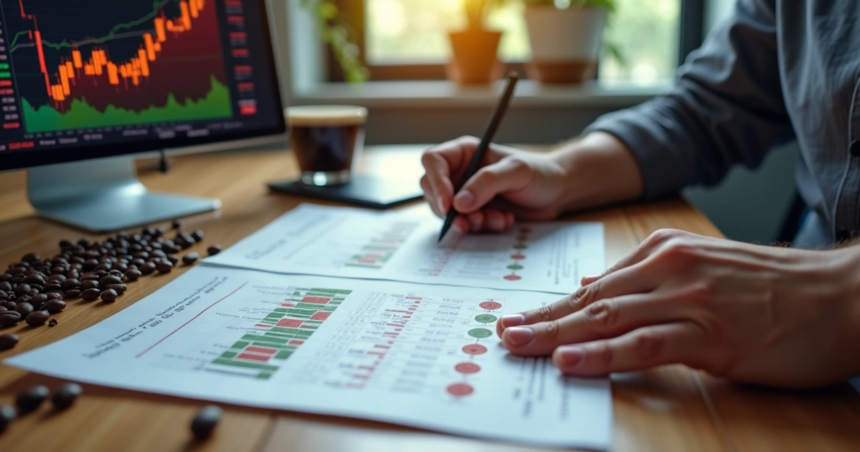 Hands analyzing coffee futures contracts with graphs and physical coffee beans on a wooden desk 