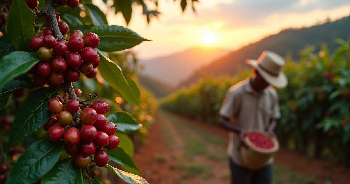 Coffee cherries with fading price chart in background 