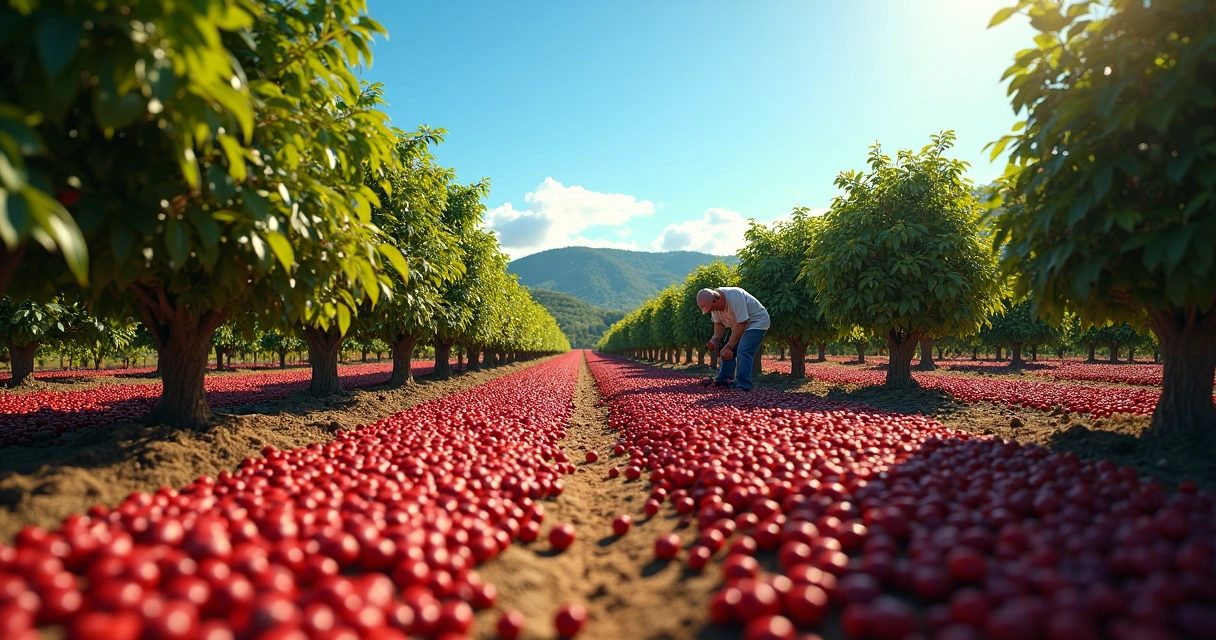Coffee farmers in Brazil carrying baskets full of coffee cherries on a plantation. 