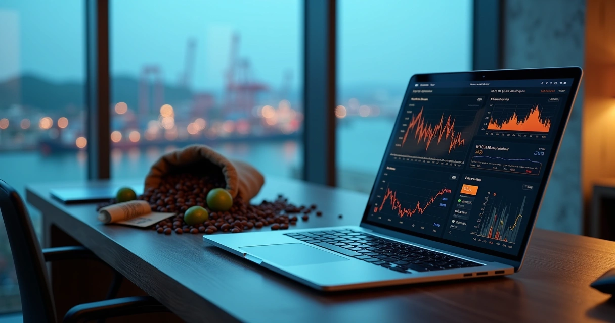 Coffee beans beside laptop showing derivatives risk management dashboard 