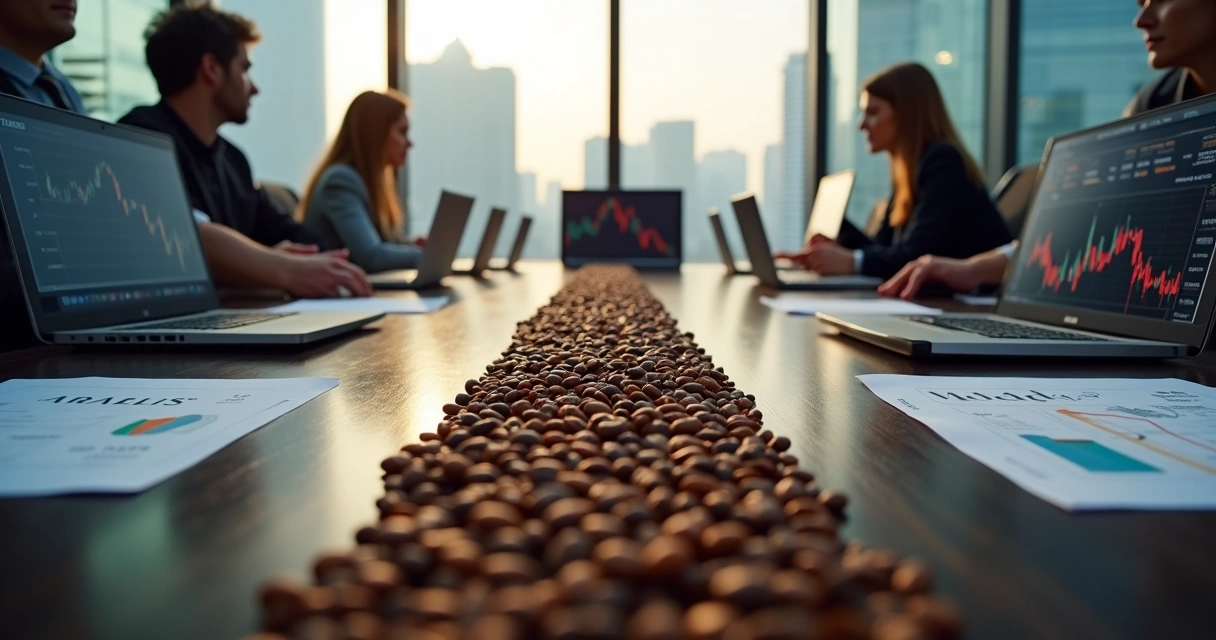 Coffee beans spread on table with traders analyzing price charts 