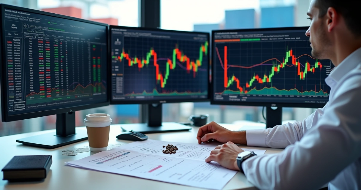 Person analyzing coffee options contracts at trading desk 