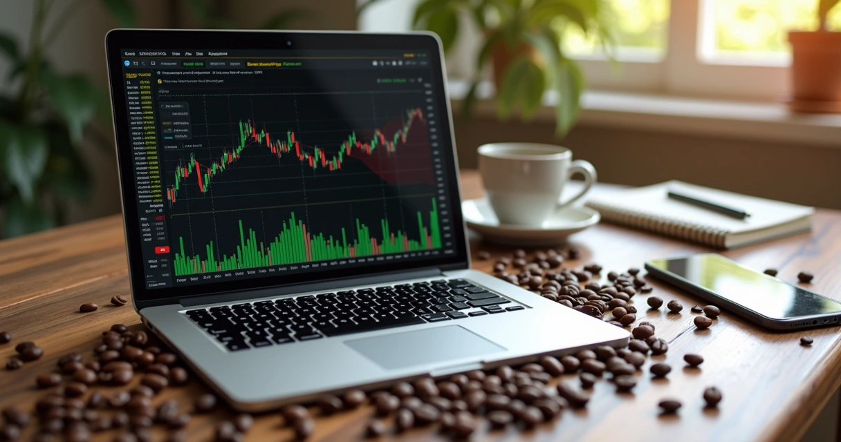 Close-up of coffee beans and a digital market chart showing price fluctuations on a laptop screen 