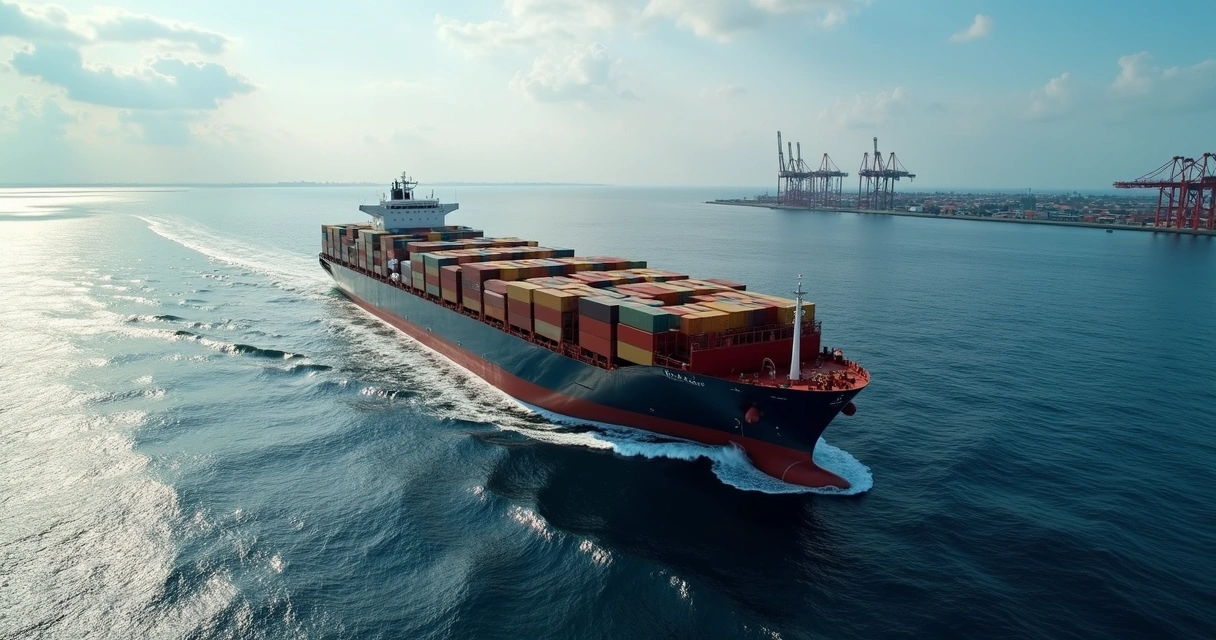 Container ship carrying coffee containers on the open sea, with a focus on the coffee trade. 