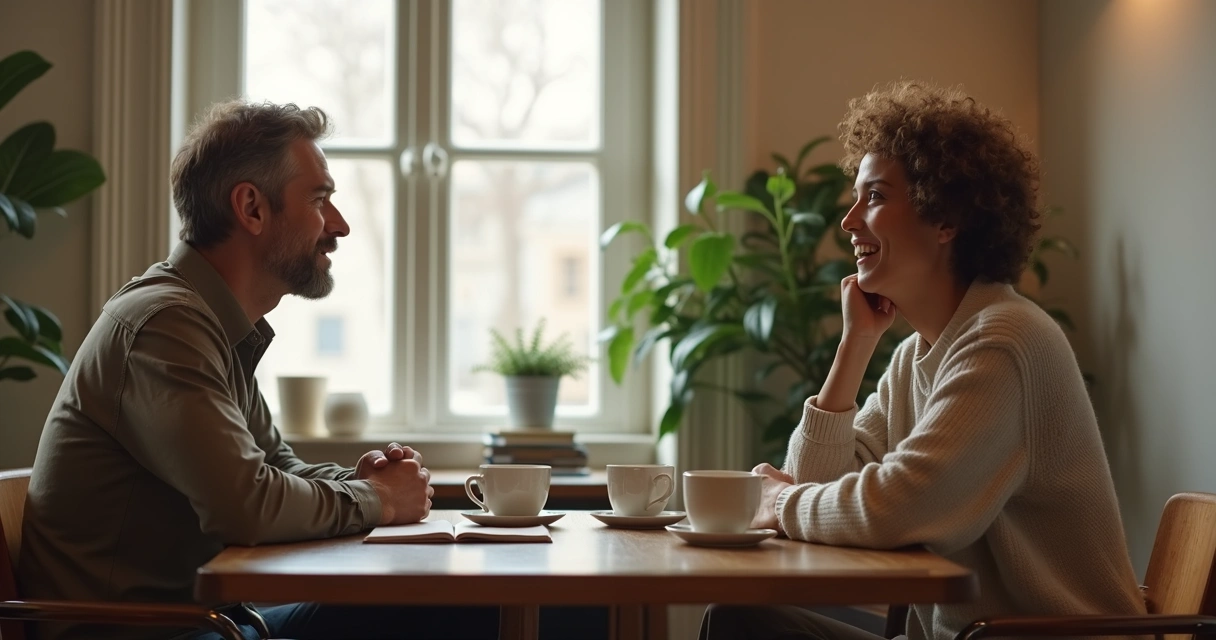 Two friends having a thoughtful coffee conversation