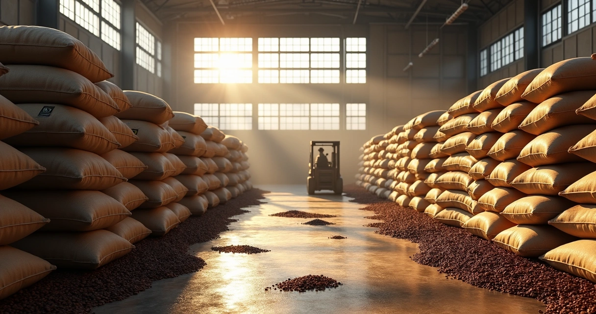 Sacks of coffee beans stacked inside a warehouse, with sunlight streaming through high windows. 