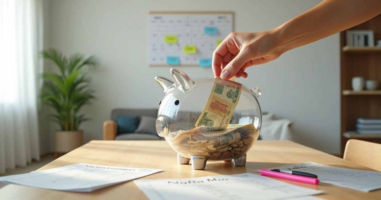 Mão colocando dinheiro em um grande cofre transparente preenchido com notas organizadas por mês 