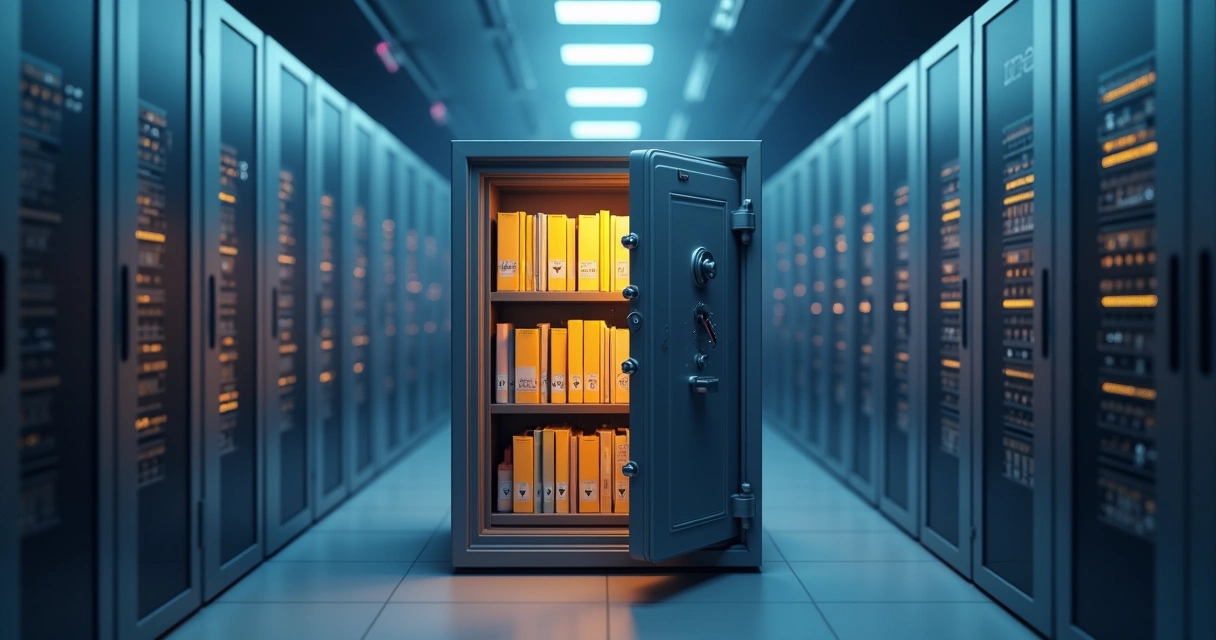 Cofre digital com pastas de dados em prateleiras 