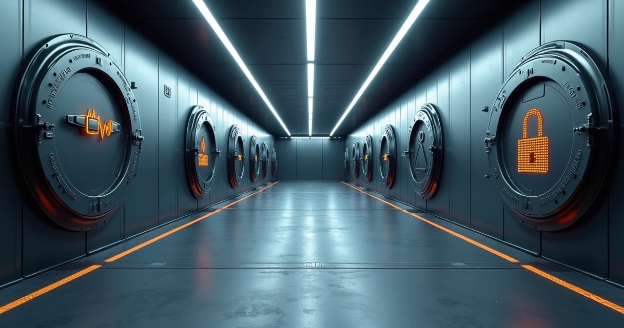 Corridor of vault doors shaped like data icons 