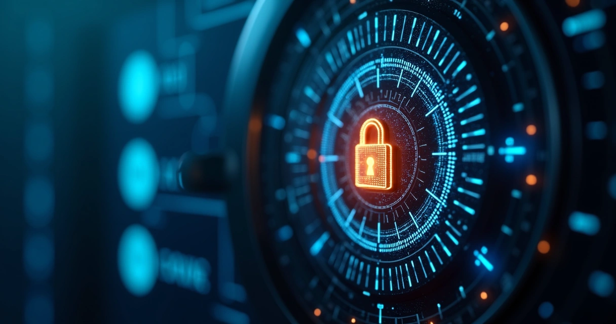 Ilustração realista de um cofre digital de senhas, com cadeado brilhante e interface moderna exibindo múltiplas credenciais protegidas por criptografia em fundo escuro e azul 