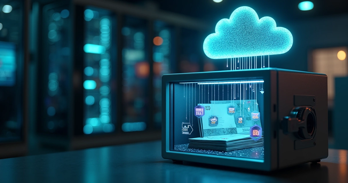 Servidor metálico doméstico protegido dentro de cofre digital transparente ligado a nuvem com ícones financeiros 