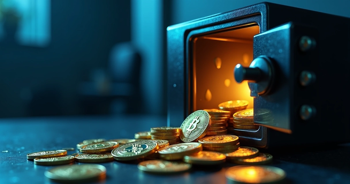 Cofre digital aberto com moedas digitais brilhando em fundo escuro 