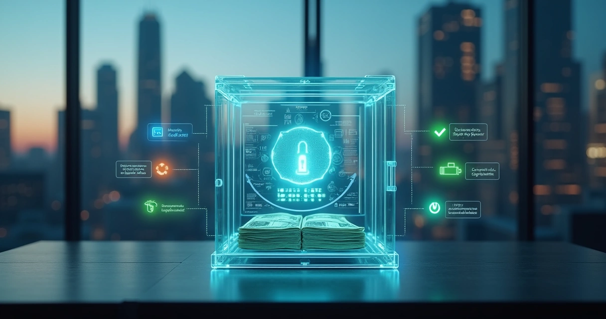 Cofre digital transparente com dinheiro e contratos conectados por linhas de aprovação verde 