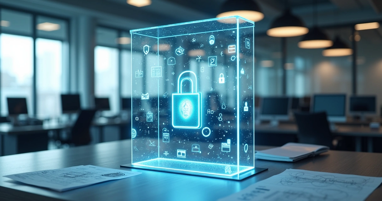 Cofre digital com cadeado representando segurança de dados empresariais. 