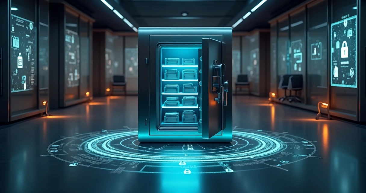 Cofre digital aberto protegido por escudo transparente com arquivos de dados brilhantes 